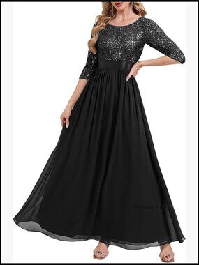 Sequined Chiffon A-Line Maxi Evening Gown Half Sleeve Formal Dress